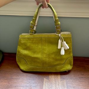 Coach handbag in chartreuse suede with tan interior